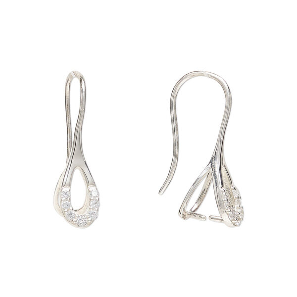 Ear wire, sterling silver and cubic zirconia, clear, 21mm hook with open teardrop and ice-pick bail and 5.5mm grip length, 20 gauge. Sold per pair. image number 0