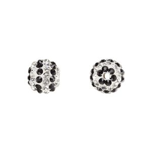 Bead, Egyptian glass rhinestone / epoxy / resin, white / clear / black, 10mm round with pavé striped design. Sold individually.