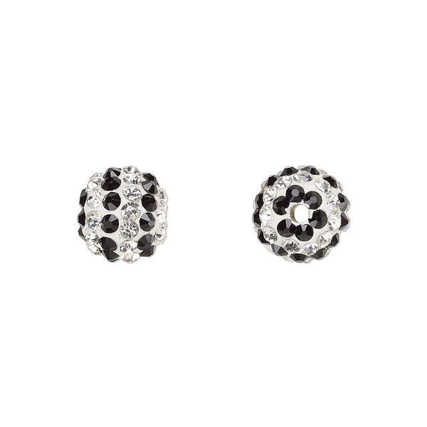 Bead, Egyptian glass rhinestone / epoxy / resin, white / clear / black, 10mm round with pavé striped design. Sold individually. image number 0