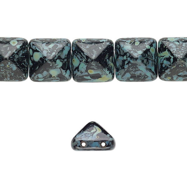 Spacer, Preciosa, Czech pressed glass, opaque black / blue / green tortoise, 11x11x7.5mm 2-strand pyramid, fits up to 5.5mm bead. Sold per 8-inch strand, approximately 15 spacers. image number 0
