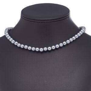 Necklace, glass pearl with silver-finished brass and steel, silver, 8mm and 14mm round, 16 inches with toggle clasp. Sold individually.