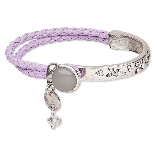 Bracelet, glass rhinestone / imitation leather / resin / antique silver-plated "pewter" (zinc-based alloy), purple / grey / clear, 14mm wide, 7 inches with button clasp. Sold individually. image number 0