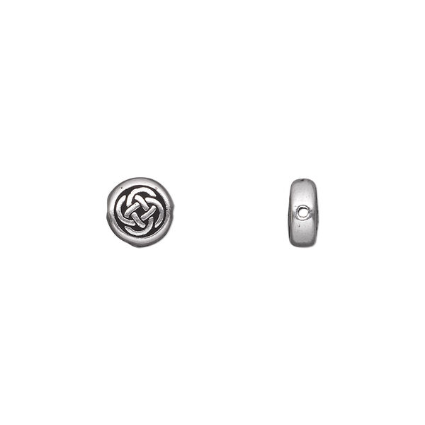 Bead, TierraCast®, antique silver-plated pewter (tin-based alloy), 7mm double-sided flat round with Celtic knot. Sold per pkg of 20. image number 0