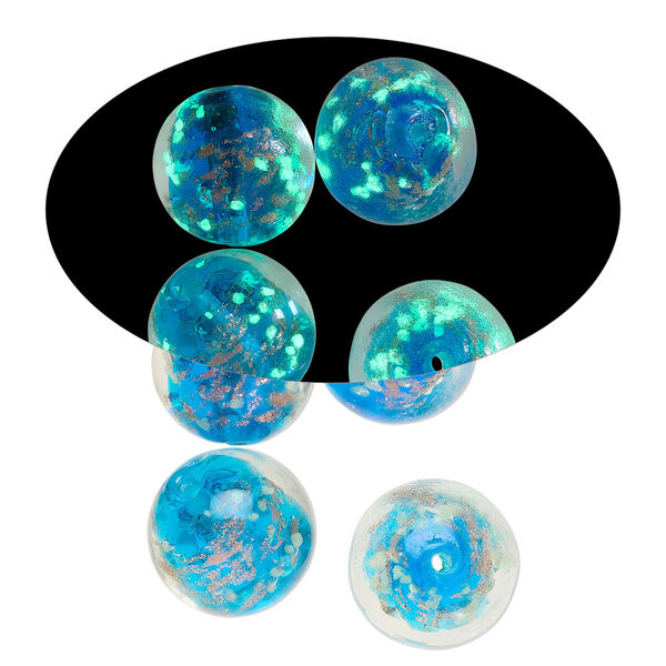 Bead, lampworked glass, clear / blue / glow-in-the-dark / gold, 14mm round. Sold per pkg of 4. image number 0