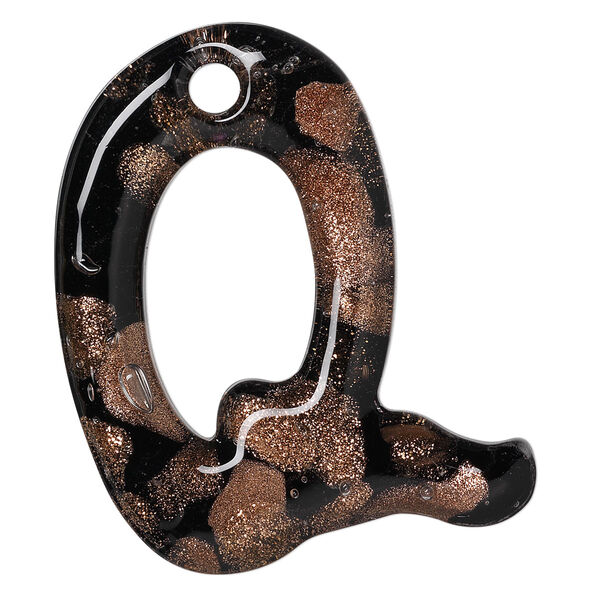 Focal, lampworked glass, semitransparent black and clear with copper-colored glitter, 44x35mm single-sided letter Q with 3.5-4.5mm hole. Sold individually. image number 0