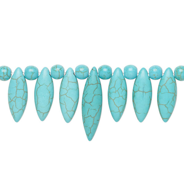 Focal, magnesite (dyed / stabilized), turquoise blue, 6mm round / 23x8mm / 30x8mm marquise fan, B grade, Mohs hardness 3-1/2 to 4. Sold per 15-piece set. image number 0