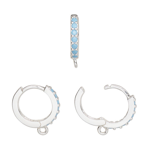 Hoop, silver-finished brass and glass, turquoise blue, 15mm hoop, 17 gauge. Sold per pair. image number 0