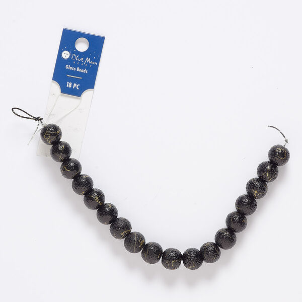 Bead, coated glass, opaque black, 11-12mm textured round with gold splatter design. Sold per pkg of 18. image number 0
