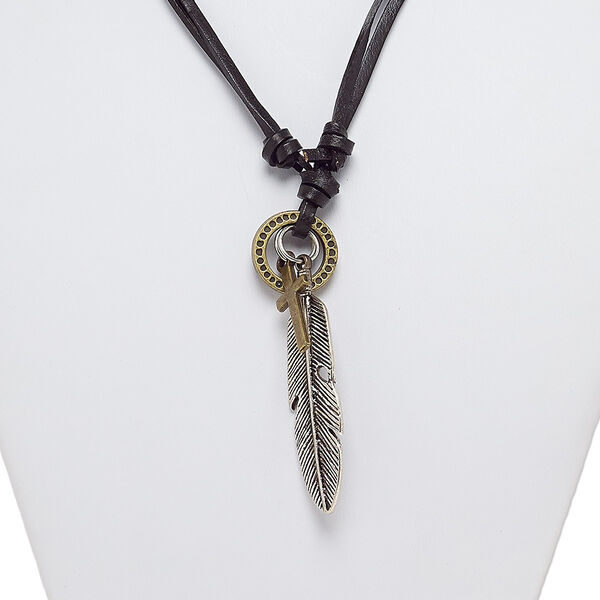 Necklace, leather (dyed) / antique silver- / brass-plated steel / "pewter" (zinc-based alloy), black, 2-3/4 inch dangle with 20mm ring / 26x11mm cross / 57x14mm feather, adjustable from 16-32 inches with knot closure. Sold individually. image number 0