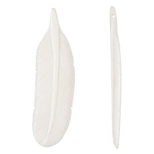 Focal, bone (bleached), white, 69x19mm hand-carved side-drilled double-sided feather, Mohs hardness 2-1/2. Sold per pkg of 2.