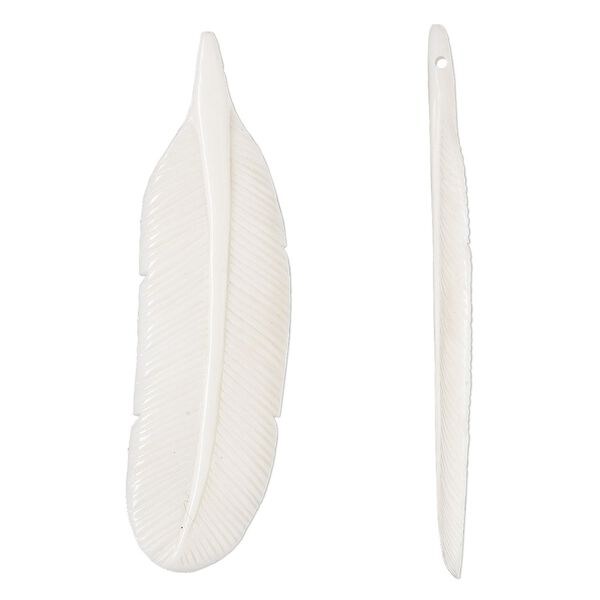 Focal, bone (bleached), white, 69x19mm hand-carved side-drilled double-sided feather, Mohs hardness 2-1/2. Sold per pkg of 2. image number 0