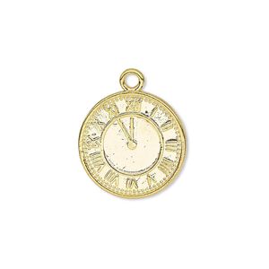 Charm, gold-finished "pewter" (zinc-based alloy), 18mm single-sided clock face with Roman numerals. Sold per pkg of 10.
