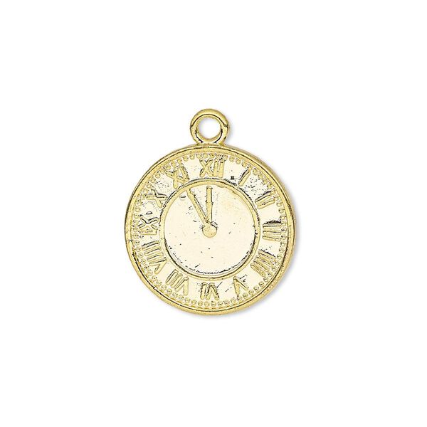 Charm, gold-finished "pewter" (zinc-based alloy), 18mm single-sided clock face with Roman numerals. Sold per pkg of 10. image number 0