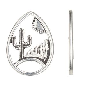 Focal, TierraCast®, antique silver-plated pewter (tin-based alloy), 33x24mm teardrop with desert landscape design. Sold per pkg of 10.