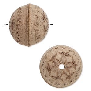 Bead, leather, brown, 23-27mm round with etched flower design. Sold individually.