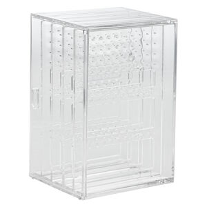 Display, earring, acrylic, clear, 9-1/2 x 6-3/4 x 5-1/2 inch box with side door and 4 slide-out panels. Sold individually.