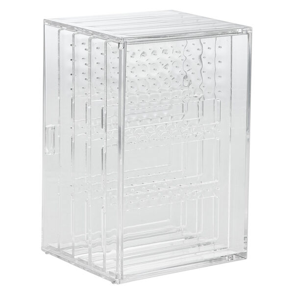 Display, earring, acrylic, clear, 9-1/2 x 6-3/4 x 5-1/2 inch box with side door and 4 slide-out panels. Sold individually. image number 0