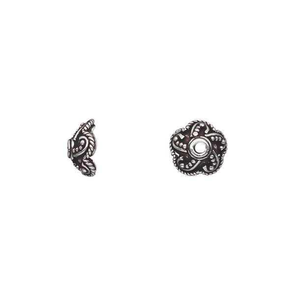 Bead cap, antiqued sterling silver, 9x3mm scalloped round with Bali design, fits 8-10mm bead. Sold per pkg of 2. image number 0