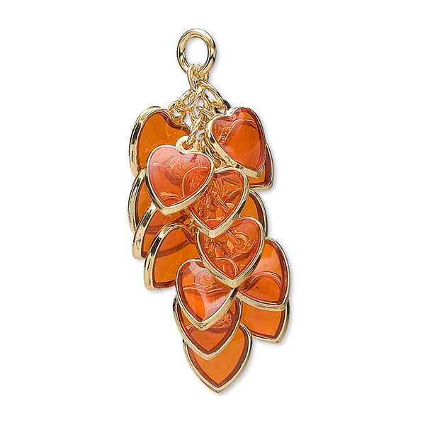 Focal, epoxy and gold-plated brass, orange, 32x16mm heart cluster. Sold per pkg of 4. image number 0
