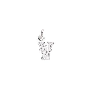 Charm, sterling silver, 8x6mm fancy block alphabet letter "V." Sold individually.