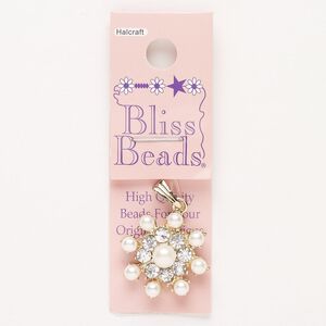 Pendant, "pewter" (zinc-based alloy)/glass/acrylic pearl, pkg/1, gold finish/clear/white, 23mm snowflake.