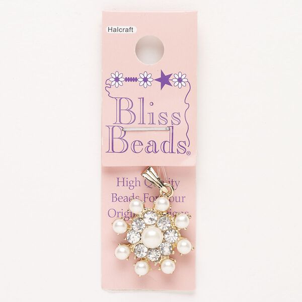Pendant, "pewter" (zinc-based alloy)/glass/acrylic pearl, pkg/1, gold finish/clear/white, 23mm snowflake. image number 0