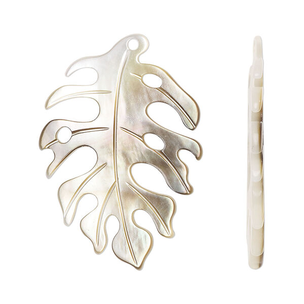 Focal, black lip shell (natural), 34x24mm carved leaf with cutout design, Mohs hardness 3-1/2. Sold individually. image number 0