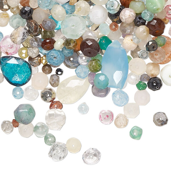 Bead mix, multi-gemstone (natural / dyed / heated / coated), 3x1mm-13x7mm hand-cut top- and center-drilled faceted mixed shapes with 0.4-1.4mm hole, Mohs hardness 3 to 7. Sold per 1-ounce pkg, approximately 150-160 beads. image number 0