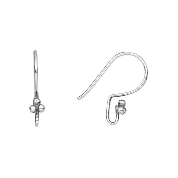 Ear wire, antiqued sterling silver, 18mm fishhook with 3-bead design and open loop, 19 gauge. Sold per pkg of 2 pairs. image number 0