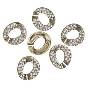 Clasp, interlocking, antique brass-finished "pewter" (zinc-based alloy) and glass, clear, 25x24mm-26x25mm twisted C-shape. Sold per pkg of 6.