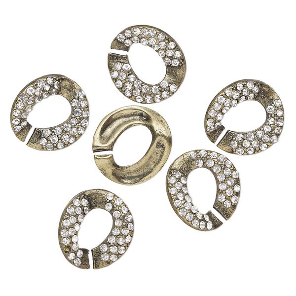 Clasp, interlocking, antique brass-finished "pewter" (zinc-based alloy) and glass, clear, 25x24mm-26x25mm twisted C-shape. Sold per pkg of 6. image number 0
