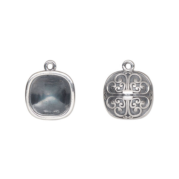 Drop, Almost Instant Jewelry®, antiqued sterling silver, 12.5mm rounded square with 10mm cushion setting and decorative back. Sold individually. image number 0