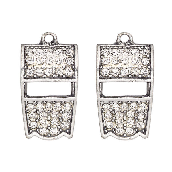 Charm, antique silver-finished "pewter" (zinc-based alloy) and glass, clear, 25x15mm single-sided whistle with "coach". Sold per pkg of 2. image number 0