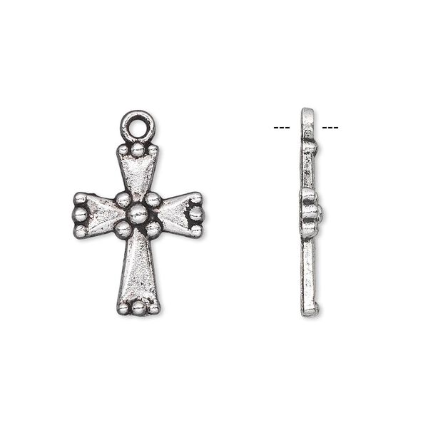 Drop, antique silver-plated "pewter" (zinc-based alloy), 18x14mm single-sided cross. Sold per pkg of 10. image number 0