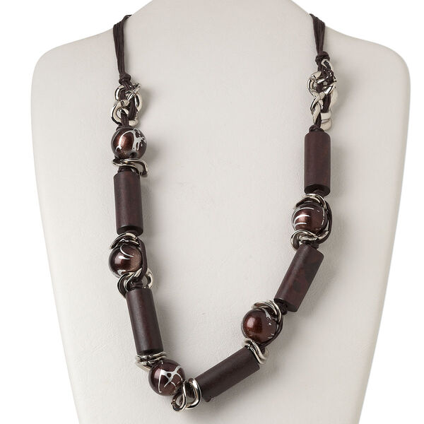 Necklace, silver-finished steel / waxed cotton cord / plastic / silver-coated plastic / wood (dyed), dark brown, 35x14mm tube, 28 inches with 2-inch extender chain and lobster claw clasp. Sold individually. image number 0