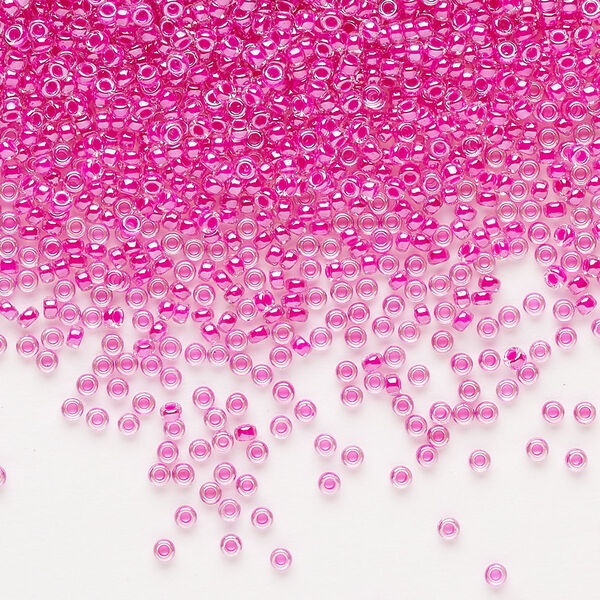 Seed bead, Miyuki, glass, pkg/35g, #15 rocaille, translucent fuchsia-lined luster crystal clear (RR-209). image number 0