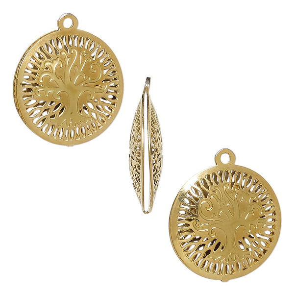 Drop, gold-finished stainless steel, 18mm double-sided domed round with textured cut-out tree of life design. Sold per pkg of 6. image number 0