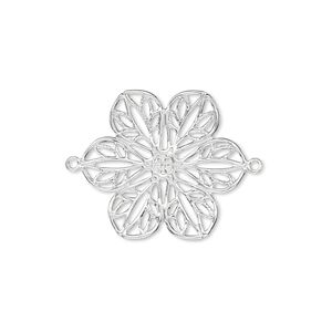 Link, silver-finished brass, 26x20mm filigree flower. Sold per pkg of 10.