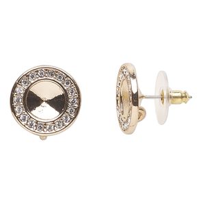 Earstud 1pkg2 Almost Instant Jewelry® pewter (tin-based alloy) / cubic zirconia , 15.5mm round / SS39 rivoli glue-in setting / comfort clutch, gold-finished / pink tint / clear 1 pair