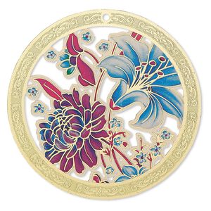 Focal, Lazer Lace™, color film and gold-finished brass, red / blue / multicolored, 45mm single-sided round with cutouts and floral design. Sold per pkg of 2.