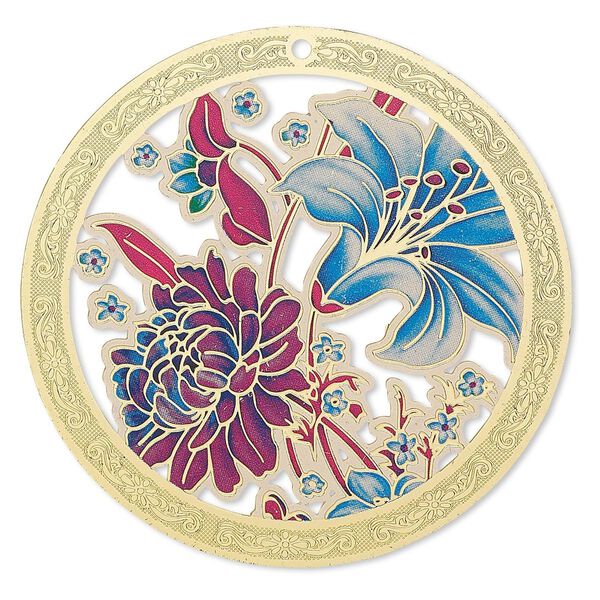 Focal, Lazer Lace™, color film and gold-finished brass, red / blue / multicolored, 45mm single-sided round with cutouts and floral design. Sold per pkg of 2. image number 0