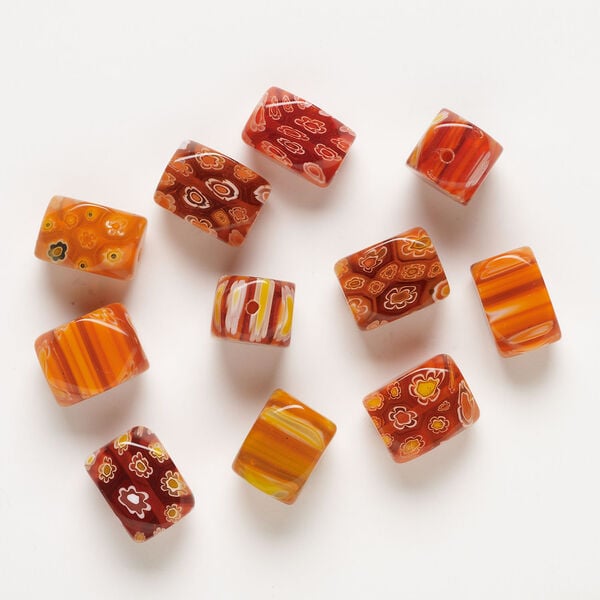 Bead, millefiori glass 1pkg2oz, translucent orange and red-orange, 17x10mm-18x13mm 4-sided rectangle. image number 1