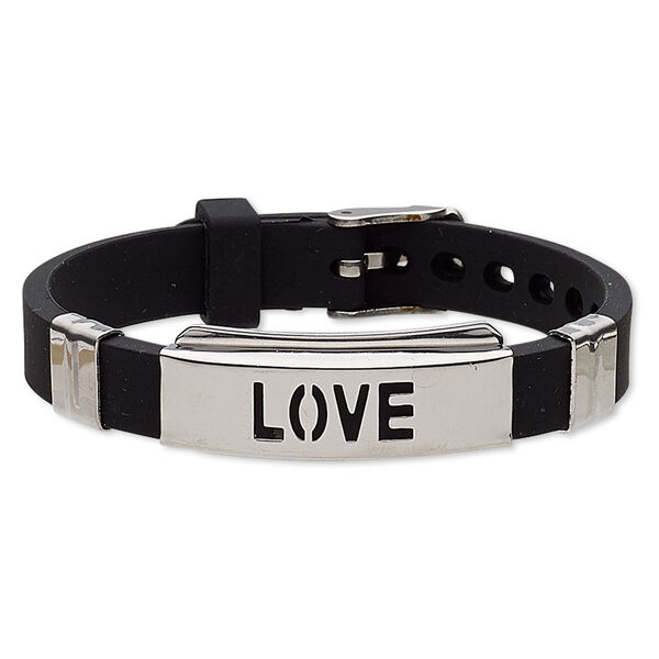 Bracelet, Softique™, silicone and stainless steel, black, 16mm wide with 39x16mm curved rectangle and cutout "LOVE," adjustable from 5-1/2 to 7-1/2 inches with buckle-style closure. Sold individually. image number 0