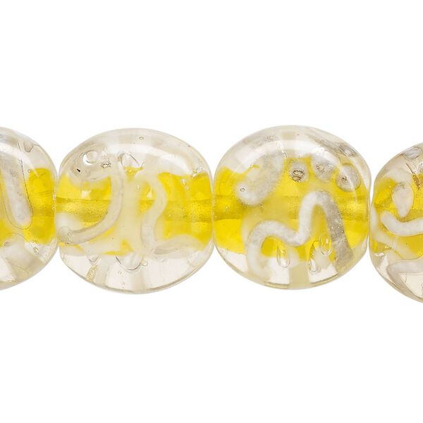 Bead, lampworked glass, translucent yellow and silver, 17x16mm-18x17mm puffed flat round with swirl design. Sold per 8-inch strand, approximately 10 beads. image number 0