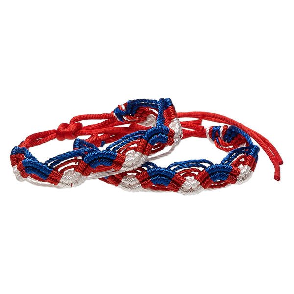 Bracelet, macramé, nylon, red / white / blue, 15mm wide, 7-8 inches with tie closure. Sold per pkg of 2. image number 0