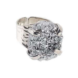 Ring, electroplated druzy agate (coated) and imitation rhodium-plated brass, silver, hammered band with 24x18mm-27x21mm hand-cut freeform, adjustable. Sold individually.