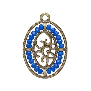 Drop, antique brass-finished "pewter" (zinc-based alloy), cobalt blue, 28x21.5mm oval with hearts and beaded border. Sold per pkg of 2.