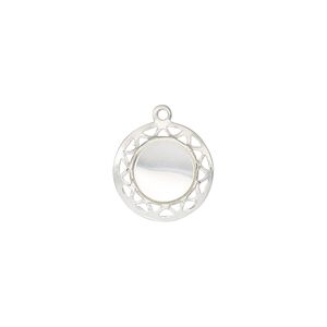 Drop, sterling silver, 13mm single-sided round with patterned border and 8mm round setting. Sold individually.