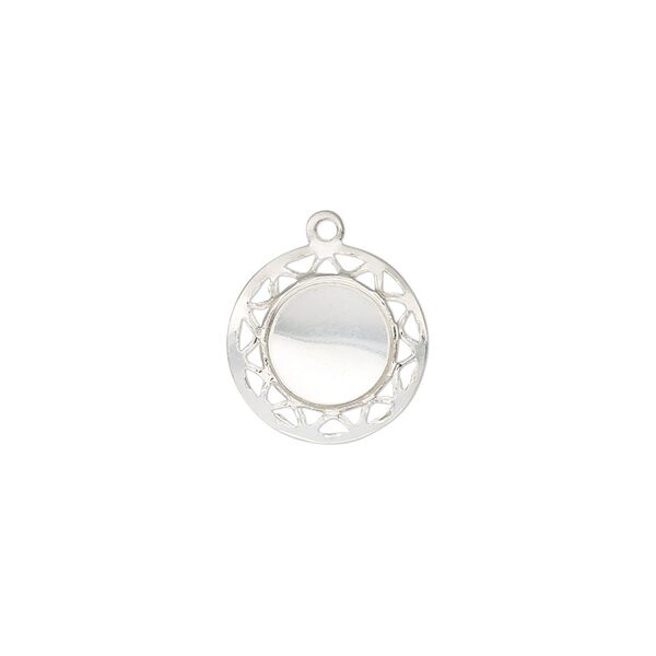 Drop, sterling silver, 13mm single-sided round with patterned border and 8mm round setting. Sold individually. image number 0