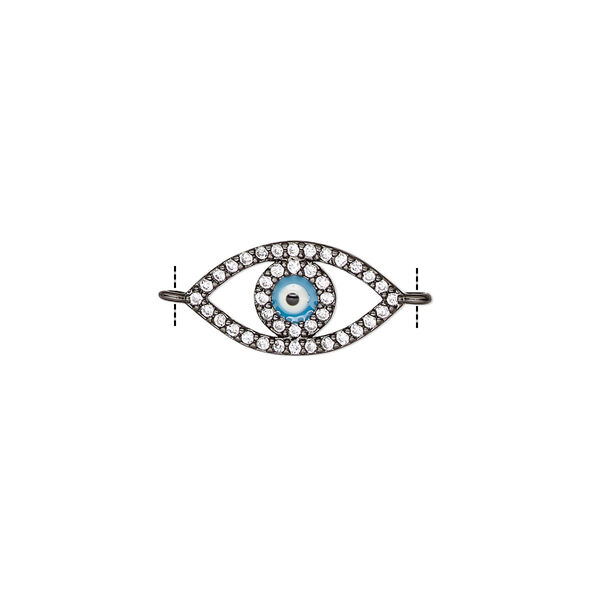 Link, black-finished brass / cubic zirconia / enamel, multicolored, 16x8mm single-sided eye. Sold individually. image number 0